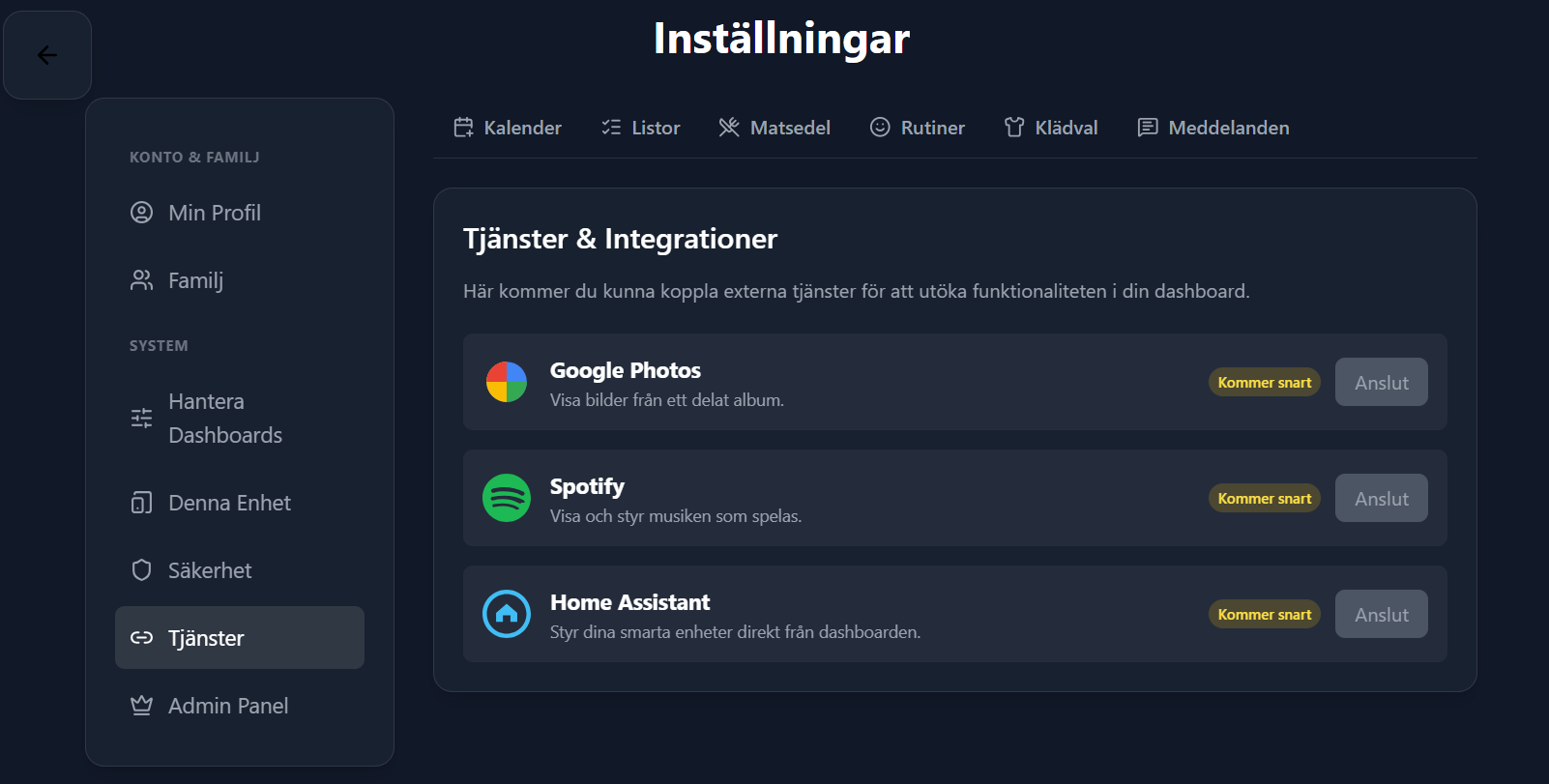 Inställningar för matsedel